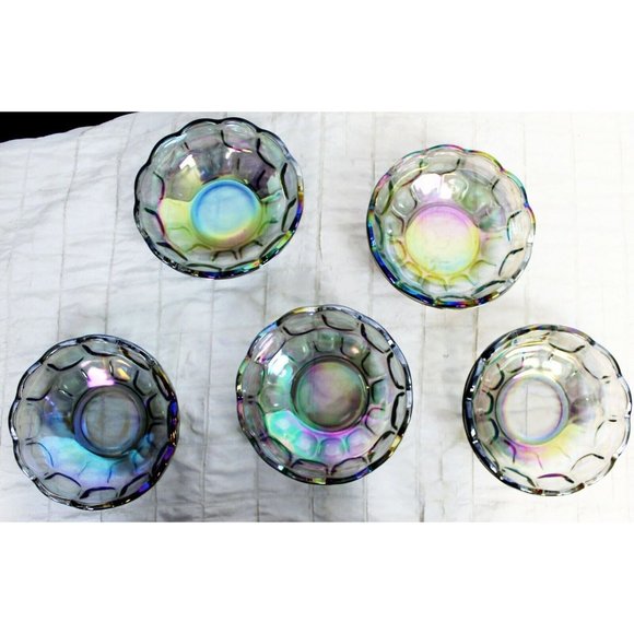 5 Bowls Indiana Carnival Blue Glass Snack/Dessert Scallop Thumbprint Iridescent - Picture 2 of 7